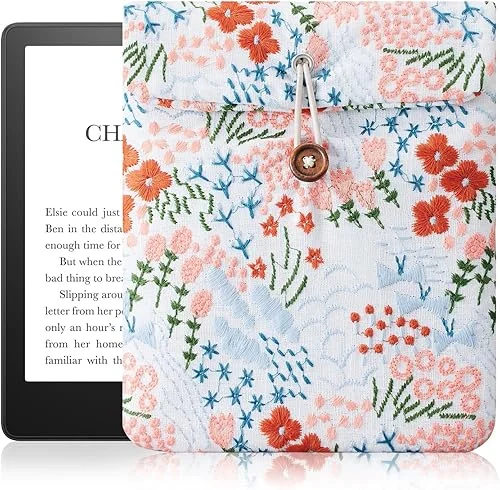 Embroidered Daisy Padded Kindle Paperwhite Sleeve – E-Reader Pouch with Floral Button, Size (7 inches Wide x 8 inches Tall)