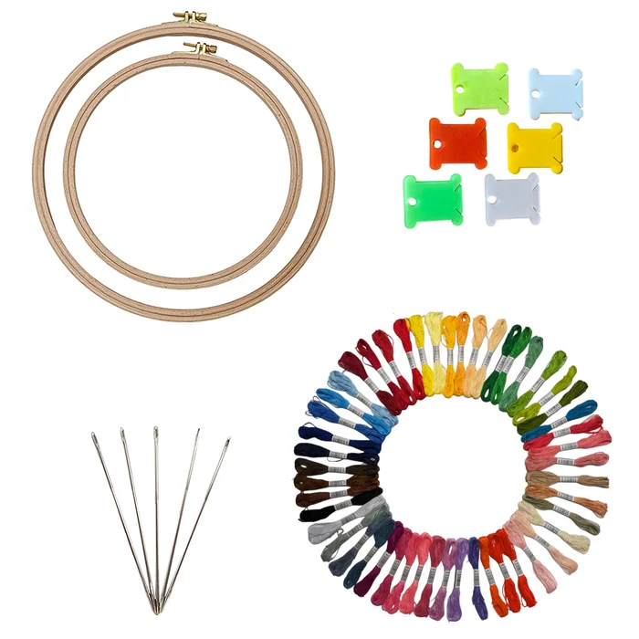 Embroidery Kit with 2 Beech Wood Hoops(19 and 25 cm), 100% Cotton Embroidery Floss, Needles and Bobbins (50)