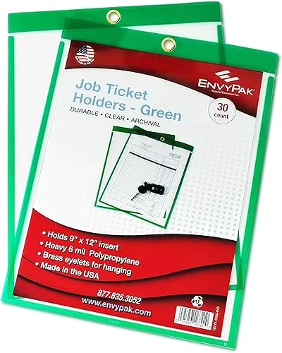 EnvyPak Job Ticket Holders – 9’x12′ – Pack of 30 (Green) Top-Loading with Eyelet for Hanging