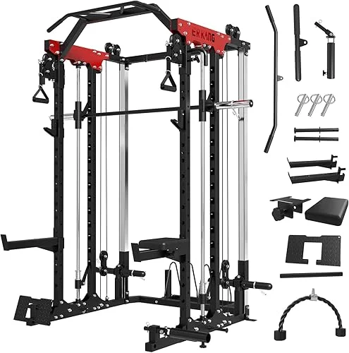 ER KANG Power Rack, 2000LBS Power Cage Squat Rack with Cable Crossover System, Functional Trainer, and LAT Pulldown System, Multi-Function Weight Cage, and More Cable Attachments for Home Gym