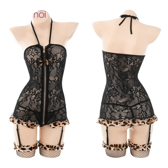 Erotic Lingerie Leopard Print See-through Sexy Package Hip Skirt Halter Jumpsuit Set