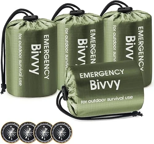 Esky Emergency Sleeping Bag, 4Pack Portable Thermal Bivy Sack, Waterproof Lightweight Emergency Blanket Survival Gear with Compass for Camping Hiking Outdoor Adventure