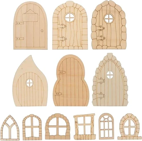 EXCEART Wooden Fairy Garden Door Chip 48pcs Fairy Door Wooden Garden Doors Wood Miniature Fairy Door DIY Craft Kit Unpainted Fairy House Doors Fairy Window Accessories