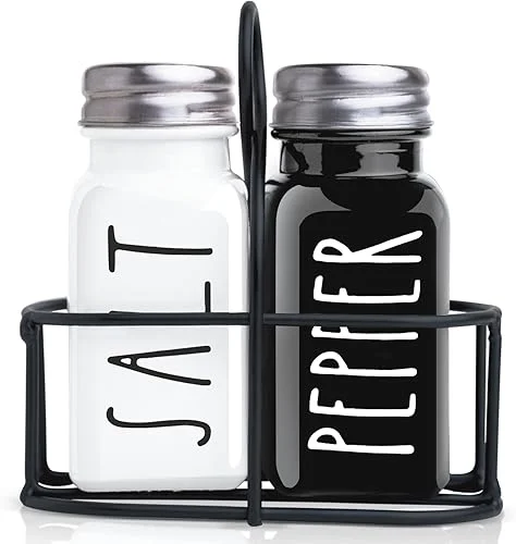Farmhouse Salt and Pepper Shakers Set, a cute black and white premium glass shakers with stainless steel lids in a black metal holder, perfect for adding a vintage kitchen decor charm, great as a gift