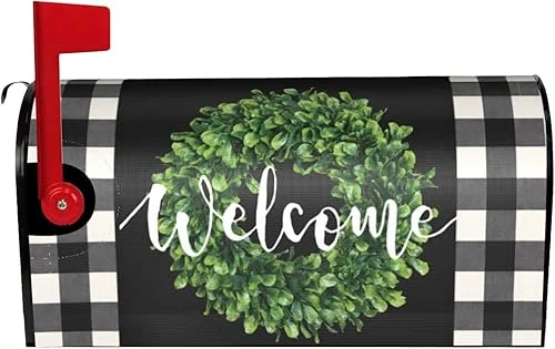 Farmhouse Wreath Welcome Mailbox Covers Magnetic Standard Size 21×18 Inch Sping Summer Black White Buffalo Check Plaid Mailbox Cover Winter Mail Wraps Post Box Cover for Garden Home Decor