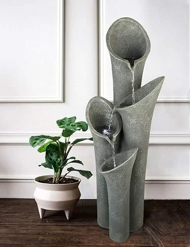 Faux Stone Patio Water Fountain 33 1/2′, Bell 4-Tier Cascading Floor Fountain Indoor Outdoor Waterfall Feature with LED Lights for Home Garden Decor