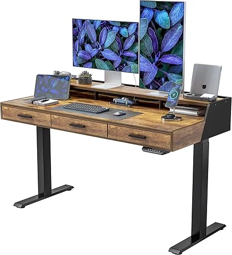 FEZIBO Electric Standing Desk with Drawers, 55×26 Inch Standing Desk Adjustable Height, Stand Up Desk with Monitor Shelf, Sit Stand Home Office Desk, Rustic Brown