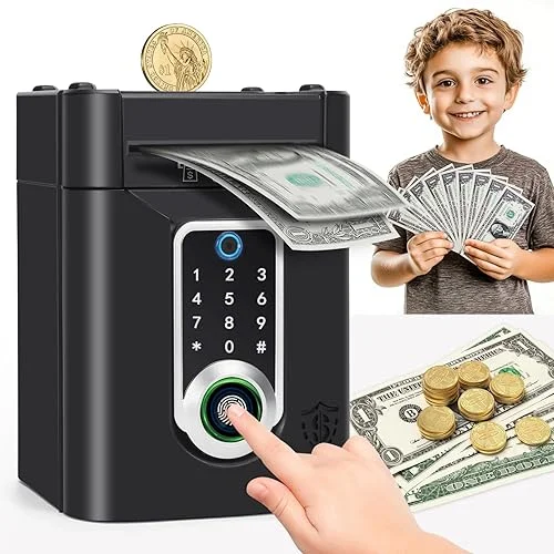 Fingerprint Piggy Bank for Kids, Touchscreen Money Bank Toys for 4 5 6 7 8 9 10 11 12 13 Year Old Boys Gift Ideas, Electronic Money Saving Box for Girls, Birthday Gifts for Boys ATM Machine for Kids