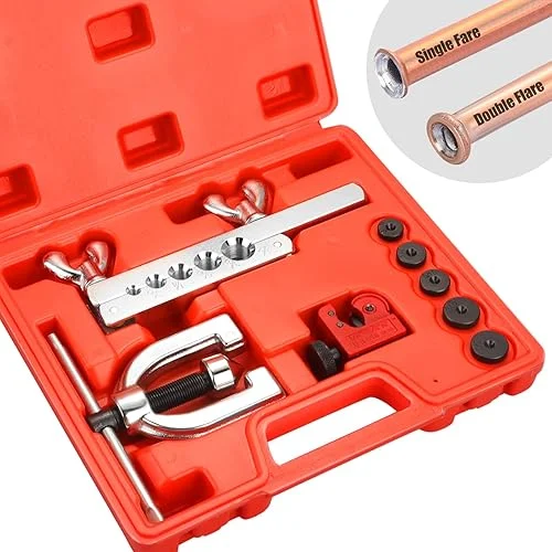 Flaring Tool Kit – Double & Single Tubing Flaring Tool Repair Kit with Tube Cutter and 5 Adapters Compatible with Copper、 Aluminum、 Brass、 Magnesium and Soft Steel