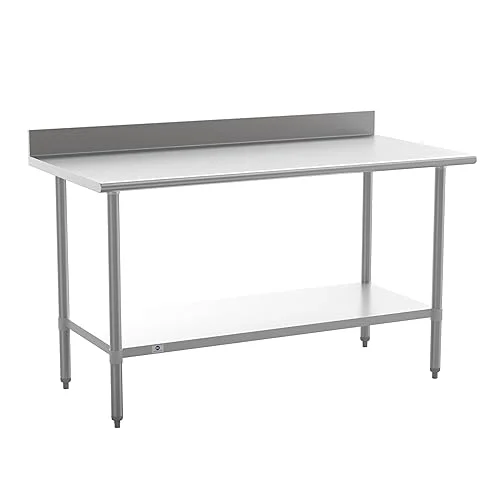 Flash Furniture Reese Commercial Stainless Steel Prep/Work Table for Back Kitchen, 430 Stainless Steel, 18 Gauge, Adjustable Shelf, 4′ Backsplash, 30′ x 60′
