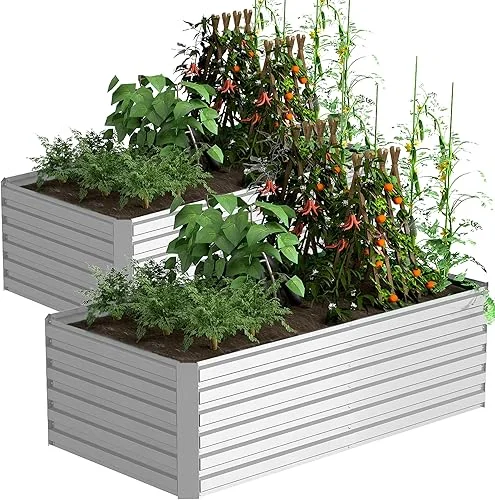 FOOWIN 2pcs 8x4x2ft Galvanized Raised Garden Bed, Deep Root Planter Box Outdoor,Large Heavy Metal Raised Garden Beds for Vegetables Flowers Herb,478 Gallon Capacity (Silver)