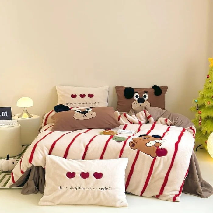 Furry Friends Cartoon Bedding Set White And Red Double Size