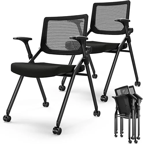 FYLICA Foldable Office Chair Set of 2 with PU Wheels Ergonomic Mesh Bouncing Back, Stackable Conference Room Chair, Office Guest & Reception & Meeting Chair (Black)
