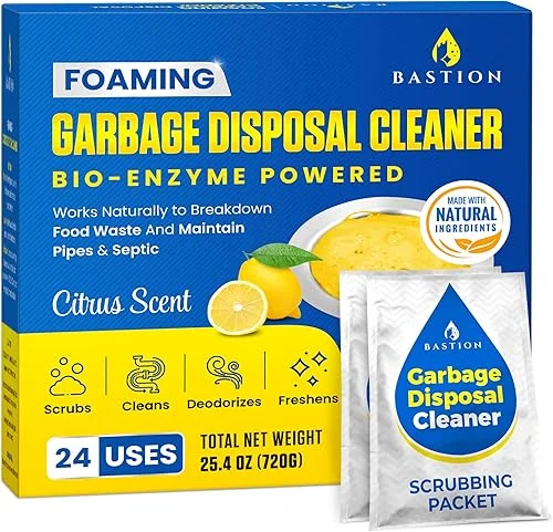 Garbage Disposal Cleaner and Deodorizer – 24-Count (1-Year Supply) Foaming Lemon Scented Kitchen Sink Freshener Pods & Drain Odor Eliminator Disposer Care by Bastion