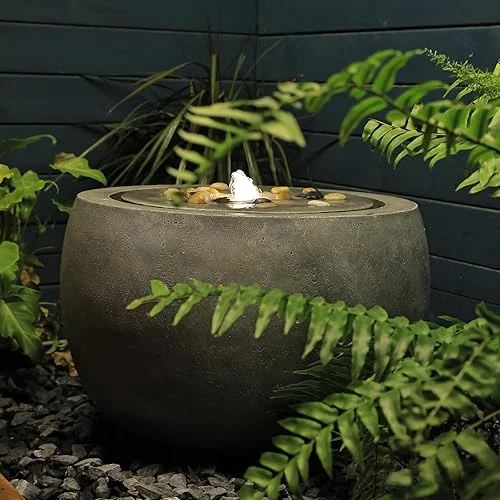 Garden Water Fountain Outdoor Water Feature Indoor with Lights & Pump and Pebbles,Round Flow Fountains Concrete Effect for Patio Deck Pond Yard Home Decor, Gray, 17.7 ‘L x 17.7′ W x 11.4’ H