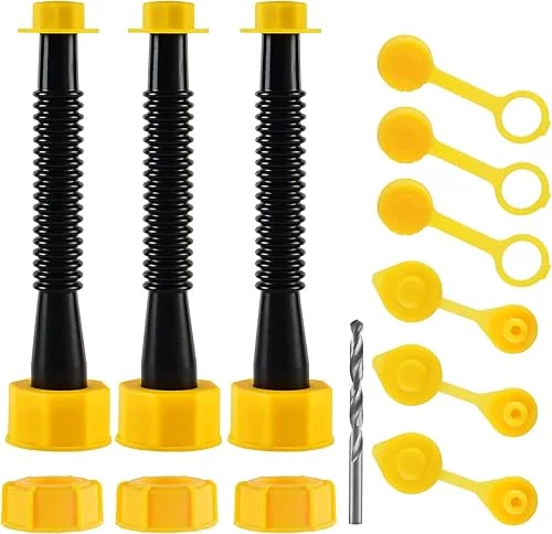 Gas Can Spout Replacement, Gas Can Nozzle (3 Kit-Black) for 1/2/5/10 gal, Easy to install, Durable, Replacement of old cans includes nozzle, Vent caps, Rubber gasket, Drill bits, Auxiliary base cap