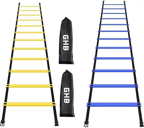 GHB Pro Agility Ladder 2 Pack Agility Training Ladder Speed 12 Rung 20ft with Carrying Bag (Yellow and Blue)