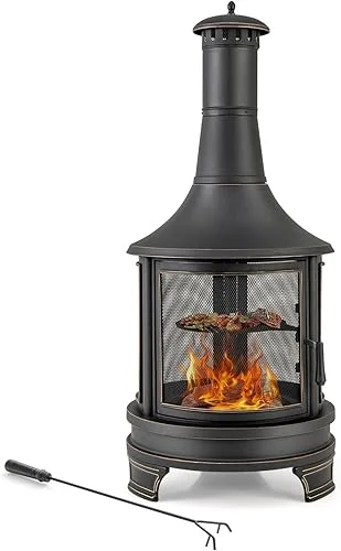 Giantex Outdoor Wood Burning Chiminea Fire Pit, 30 Inch Metal Fireplace w/Grill, Chiminea Cover & Spark Screen Door, Fire Poker, Chiminea Firepit for Patio, Garden, Backyard, BBQ, Deck, Black