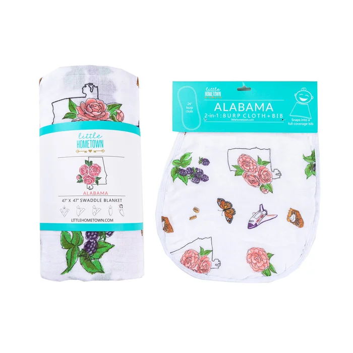 Gift Set: Alabama Baby (Floral) Muslin Swaddle Blanket and Burp Cloth/Bib Combo by Little Hometown