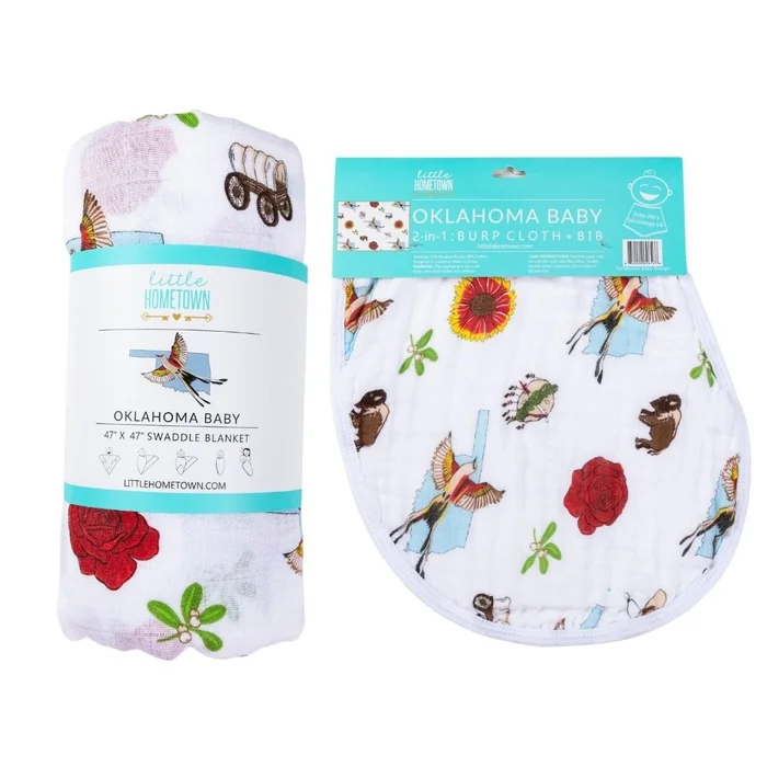 Gift Set: Oklahoma Swaddle Blanket and Burp Cloth/Bib Combo by Little Hometown