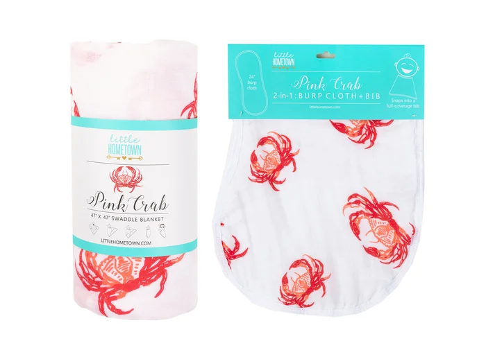 Gift Set: Pink Crab Baby Muslin Swaddle Blanket and Burp Cloth/Bib Combo by Little Hometown