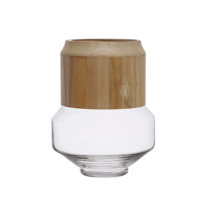 Glass Hurricane/Vase with Removable Acacia Wood Collar – 9.0″L x 9.0″W x 12.0″H