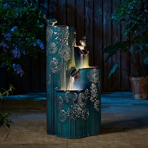 Glitzhome 31.75′ H Outdoor Water Fountain with LED Lights and Pump, 4 Tier Dandelion Texture Vase Shaped Ceramic Floor Standing Fountain with Birds for Porch Deck Garden Patio Backyard, Turquoise