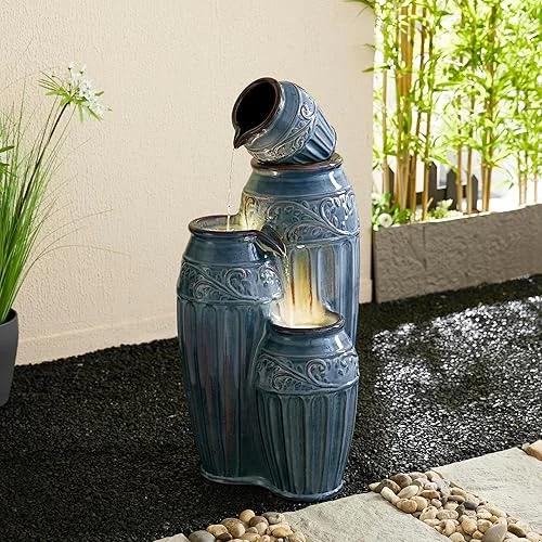 Glitzhome 35.5′ H Oversized Outdoor Water Fountain with LED Lights and Pump, 4 Tier Turquoise Embossed Pattern Ceramic Pots Fountain, Cascading Standing Fountain for Porch Deck Garden Patio Backyard