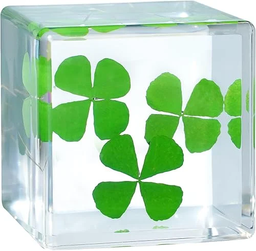 Good Luck Charms Real 4 Leaf Clover 4cm Cube Paperweight, St. Saint Patric's Day Decor Irish Shamrock Good Luck Gift
