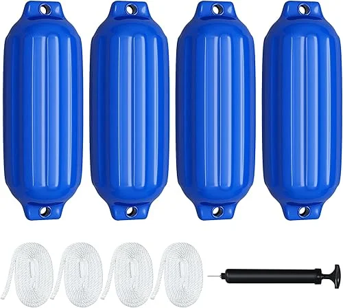 Goplus 4 Pack Marine Boat Fenders, 23” X 6.5”/ 27” X 8.5” Ribbed Twin Eyes Boat Fender with 4 Ropes & 1 Air Pump, Various Sizes & Colors, Vinyl Inflatable Boat Bumpers for Docking Pontoon Boats