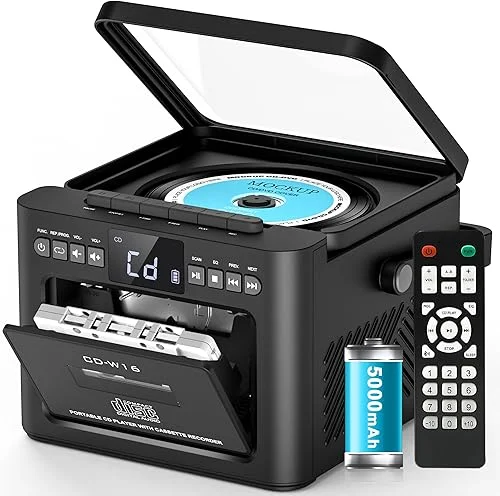 Greadio Boombox CD and Cassette Player Combo, 5000mAh Rechargable CD Player Boombox with Bluetooth Receive/Transmit/FM Radio/USB/TF/AUX/Remote Control, Boom Box CD Cassette Player for Home Outdoor