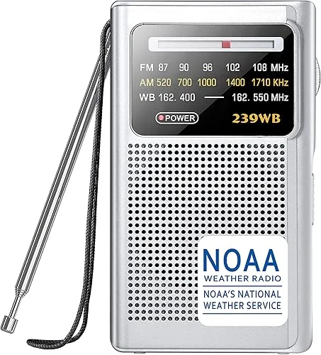 Greadio NOAA Weather Radio, AM/FM Battery Operated Transistor Portable Radio with Best Reception,Stereo Earphone Jack,Powered by 2 AA Battery for Emergency,Hurricane,Running, Walking,Home (Silver)