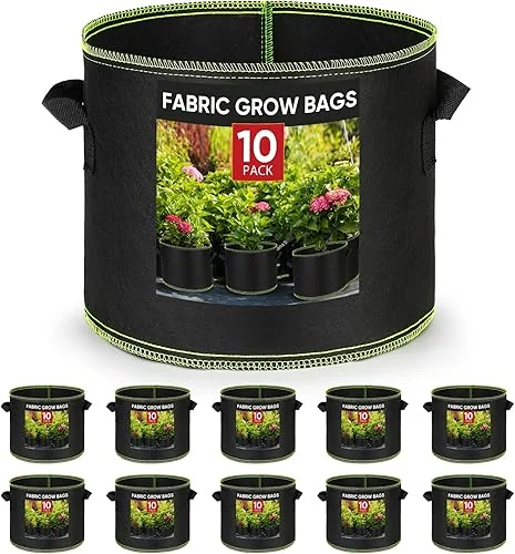 Grow Bags 5 Gallon10Pcs Heavy Duty 300G Fabric Pots for Plants,Thickened Nonwoven Garden Bags to Grow Vegetables,Large Nursery Pots,Tomato Grow Bags with Handles, Green Line Border (5 Gallons)