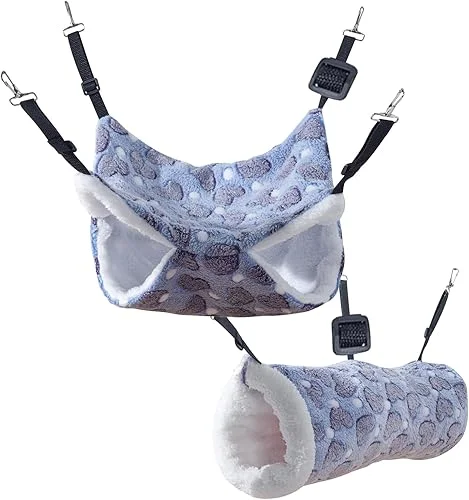 Guinea Pig Ferret Rat Adjustable Hammock Toy Small Animal Cage Accessories Hideout Tunnel & Bunkbed Hammock for Rat Ferret Guinea Pig Hamster Sugar Glider Chinchilla, 1.Purple Hammock Set
