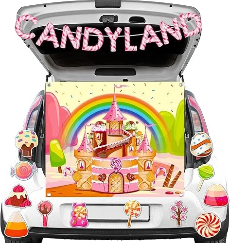 Halloween Candyland Trunk or Treat Decorations Kit Sweet Banner for SUV with Candy Lollipop Cutout Archway Garage Window Halloween Outdoor Indoor Party Favor Supplies Decor