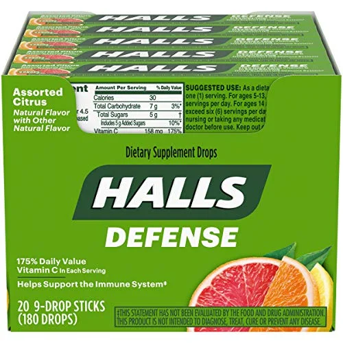 HALLS Defense Vitamin C Drops Assorted Citrus Flavors 20 Pocket Sticks