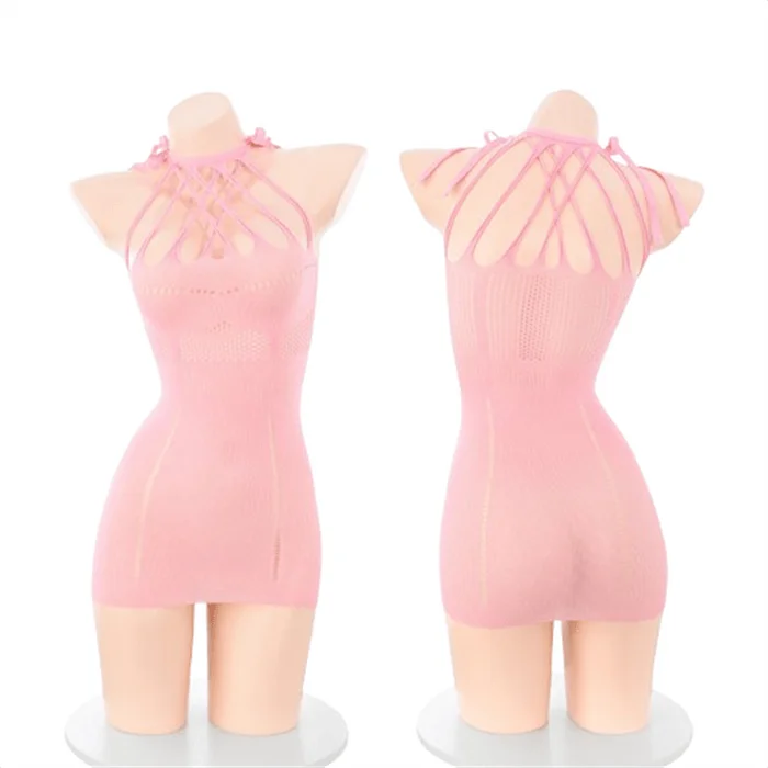 Halter neck hollow see-through mesh hip skirt with exposed chest sexy pure desire hip-revealing sexy lingerie 1 piece