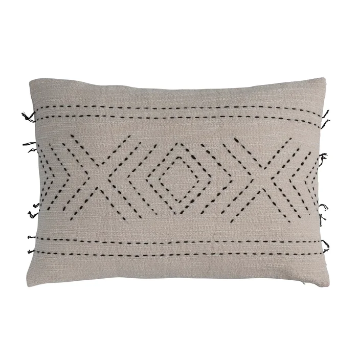 Hand-Embroidered Cotton Lumbar Pillow with Kantha Stitch