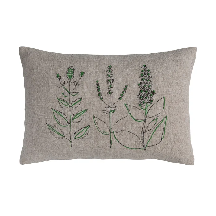 Hand-Embroidered Linen Blend Printed Lumbar Pillow with Botanicals