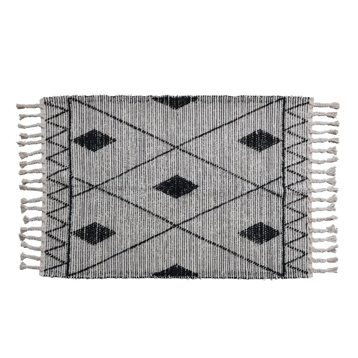 Handwoven Cotton Rug with Geometric Pattern and Fringe – 72.0″L x 48.0″W x 0.5″H