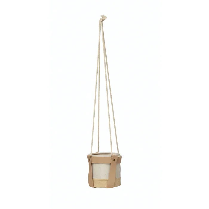 Hanging Stoneware Planter with Faux Leather Straps and Rope Hanger