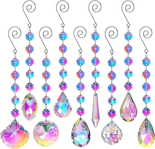 HDCRYSTALGIFTS 9 Pack Iridescent Sun Catchers with Crystals,Rainbow Maker Crystal Suncatchers for Window Hanging Colored Glass Wind Chimes Prism Pendant Suncatcher Beads for Decoration