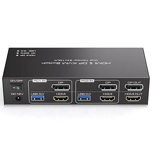 HDMI+Displayport KVM Switch 2 Monitors 2 Computers 4K@60Hz KVM Switcher for Two PC Share Dual Monitors and 4 USB 3.0 Ports Support Extended/Copy Mode with Desktop Controller&2 USB Cables