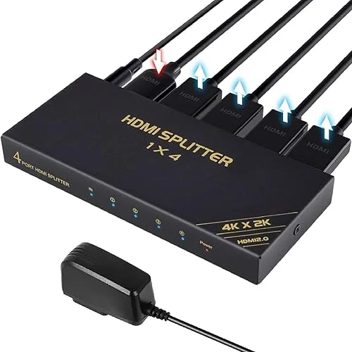 HDMI Splitter 1 in 4 Out 4K@60Hz, 1X4 HDMI Splitter HDMI 2.0, HDCP 2.3 for PS4,PS5, Duplicate/Mirror 4K Monitor with Power Adapter
