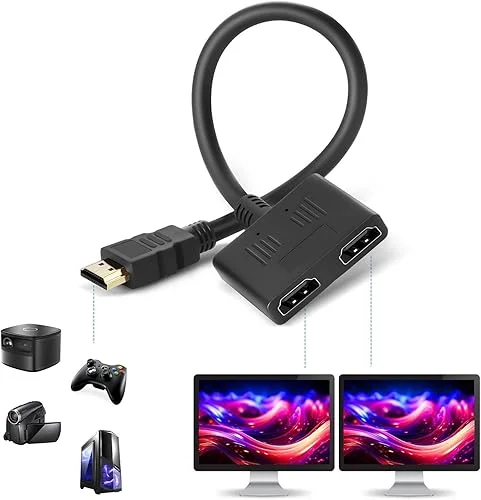 HDMI Splitter-HDMI Splitter 1 in 2 Out Adapter Cable,for HDTV,HD,LCD,TV,Plug and Play Without pre Installing Drivers. 1080P Support Two TVs at The Same Time Transmit Video and Audio Simultaneously