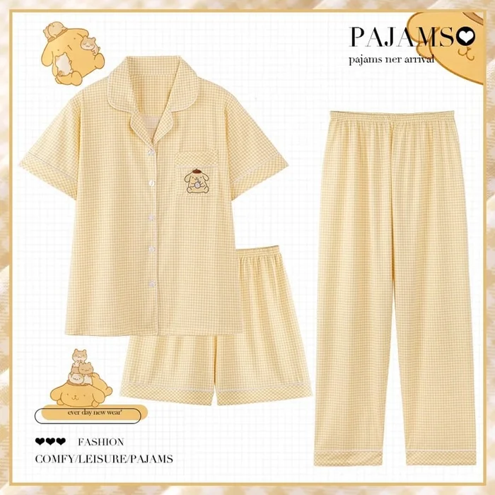 HelloKitty Pajamas Women's Summer Pure Cotton Gauze Short Sleeves Size M Plaid Pudding Dog Yellow Three-piece Set