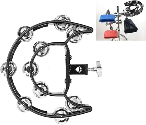 Hi Hat Tambourine Half Moon Drum Set Mounted Tambourine Double Row Bells with Mounting Eye Bolt Tambourine for Drum Kit Percussion Accessories