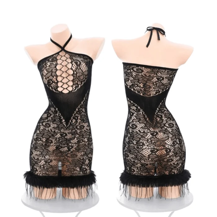 Hollow out bustless plush see-through seduction tearable flirting sex pajamas sexy send black stockings 1pc