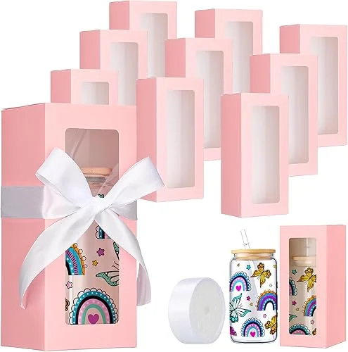 Honoson 24 Pcs Gift Boxes with Ribbon for Sublimation Glass Exhibition Boxes Transparent Gift Box for 12oz 16oz 20oz Drinking Glasses Jars Sublimation Glass Can Blanks Tumbler Gift Box (Pink)