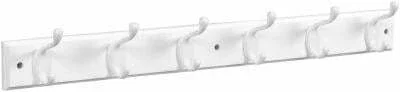 Hook Rack With Six White Hooks On White Rail, Twenty Seven Inches Long